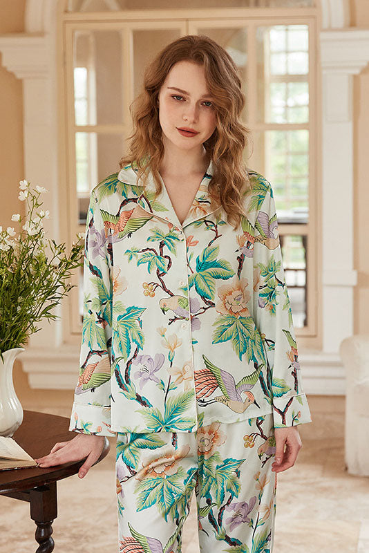 Coordinated Peony Print Long-Sleeve Loungewear Set