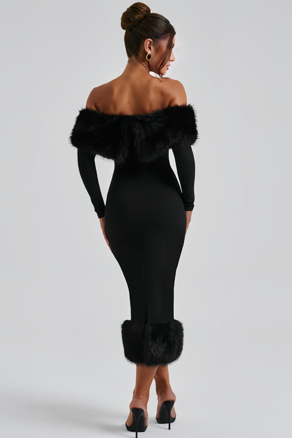 Refined One-Shoulder Fur Collar Slim Midi Dresses