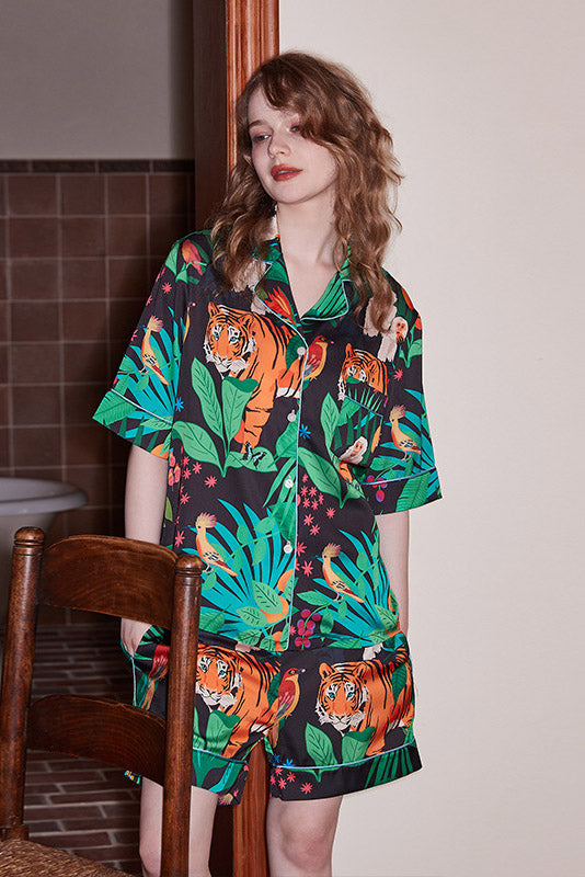Coordinated Tiger and Monkey Print Short-Sleeve Loungewear Set
