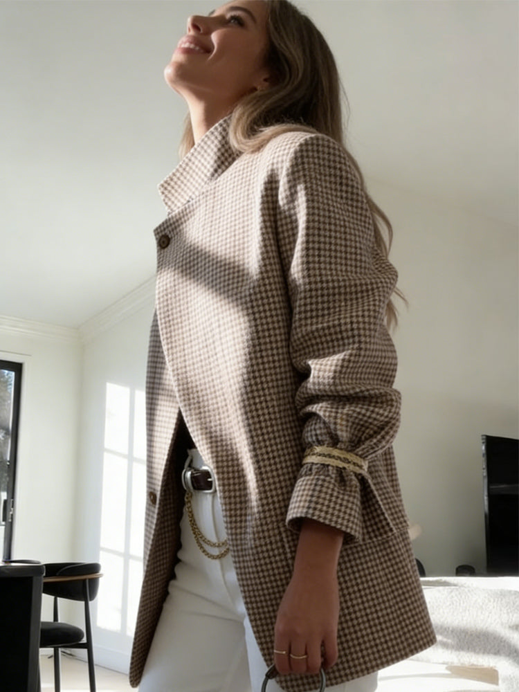 Blazer with Plaid, Stand Collar and Relaxed Fit