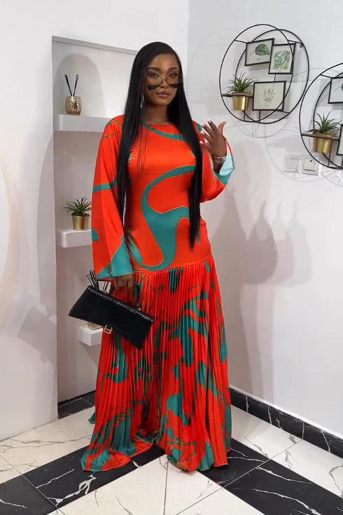 Tropical Wave Pleated Maxi-Length Dress