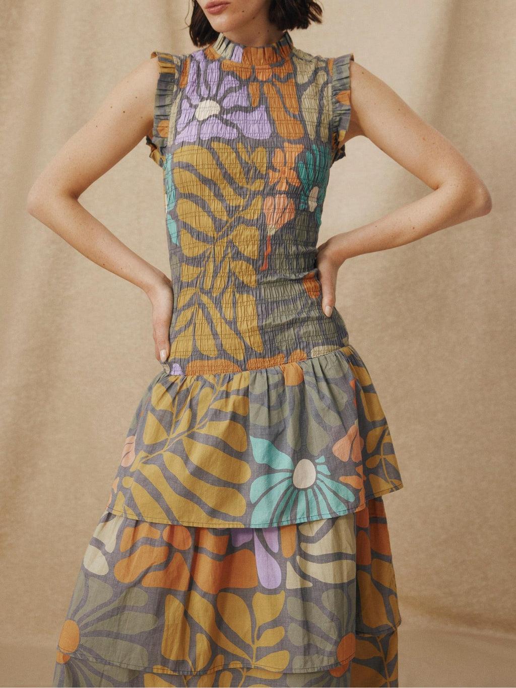 Multicolor Botanical Print Midi-Length Dress