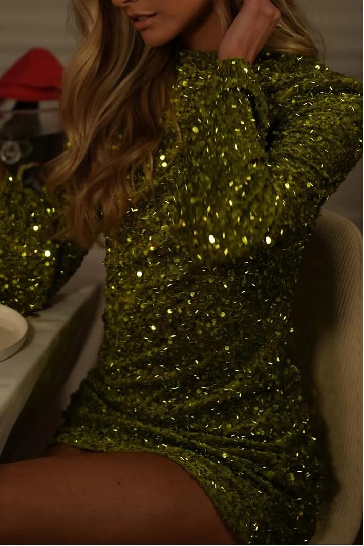 Sequined Luxe Long-Sleeve Mini-Length Dress