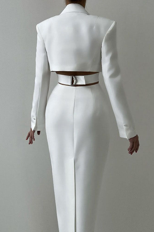 Statement Deep V Metal-Detail Blazer Midi-Length Dress