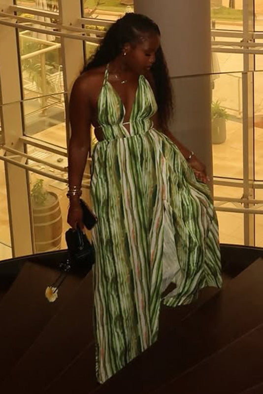 Vacation Stripe Halter A-Line Maxi-Length Dress