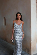 Fantasy Polka Dot Print Guipure Ruffled Suspender Maxi-Length Dress