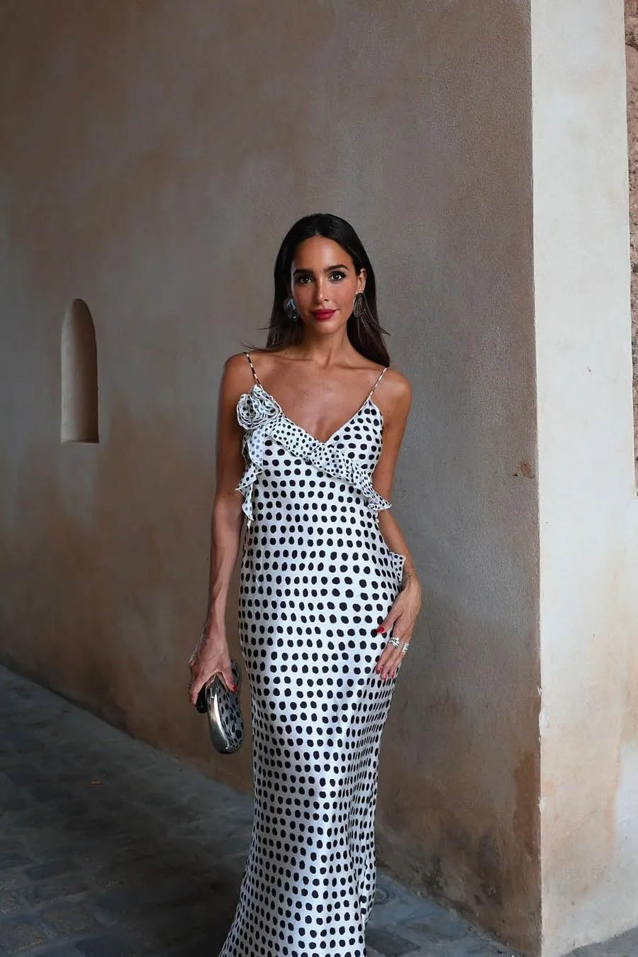 Fantasy Polka Dot Print Guipure Ruffled Suspender Maxi-Length Dress