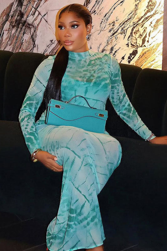 Artistic Teal Tie-Dye Sheer Turtleneck Maxi-Length Dress