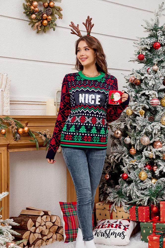 Sequined Embroidered Christmas Jacquard Knitted Knit Sweater