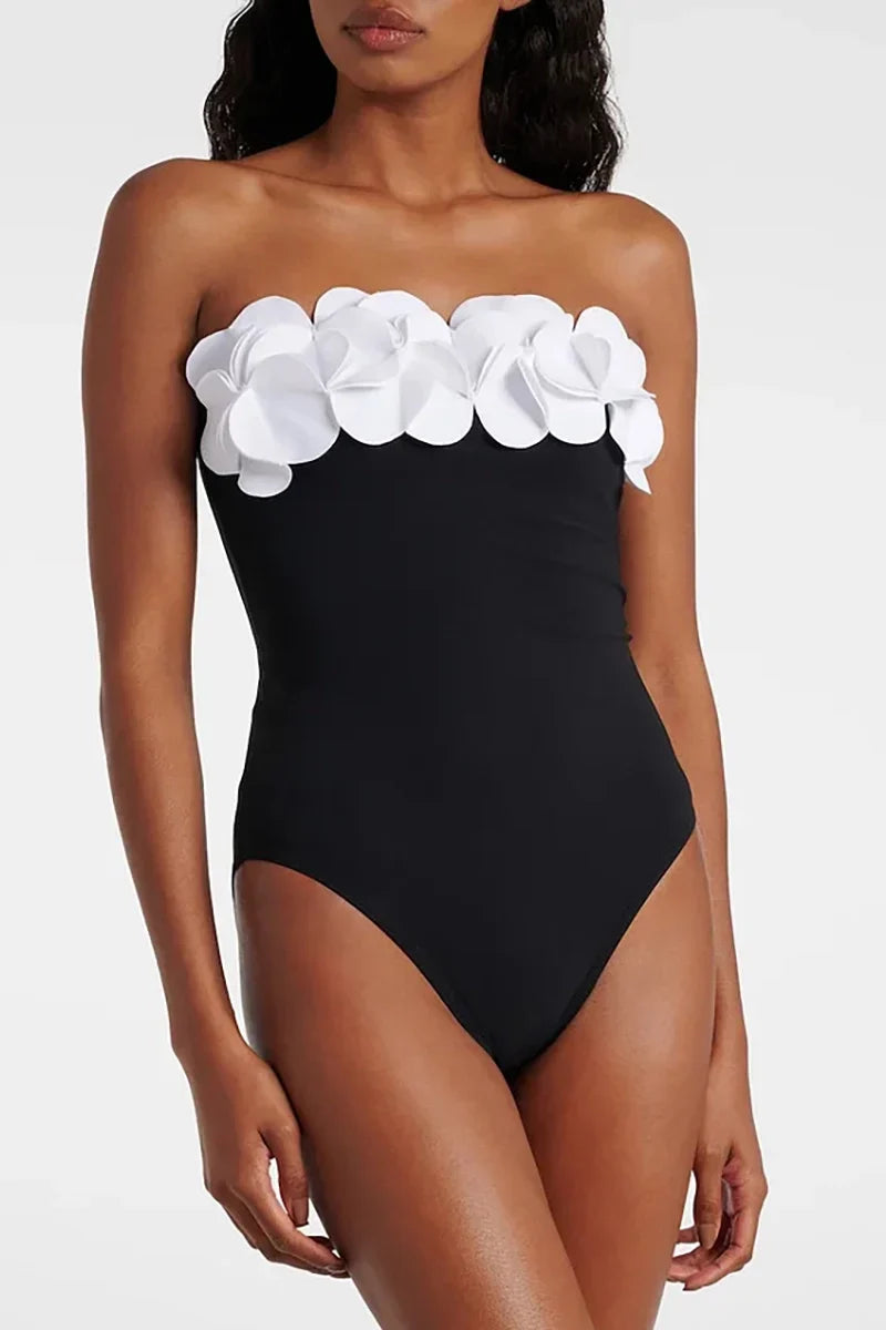 3D Flower Strapless Black Swimsuit