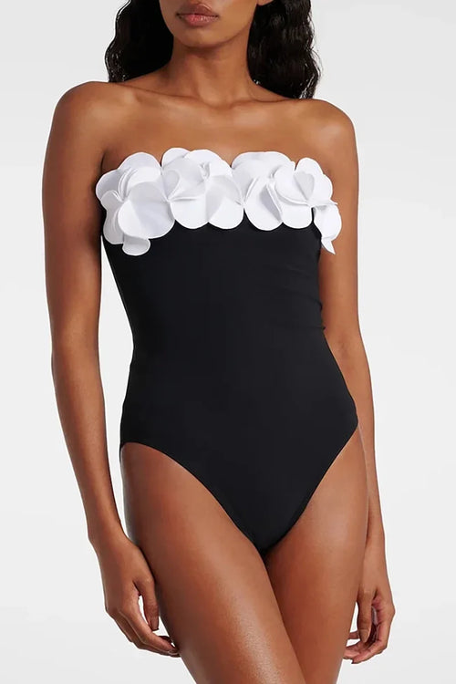 3D Flower Strapless Black Swimsuit