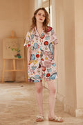 Coordinated Hot Air Balloon Print Open-Front Short-Sleeve Pajama Set