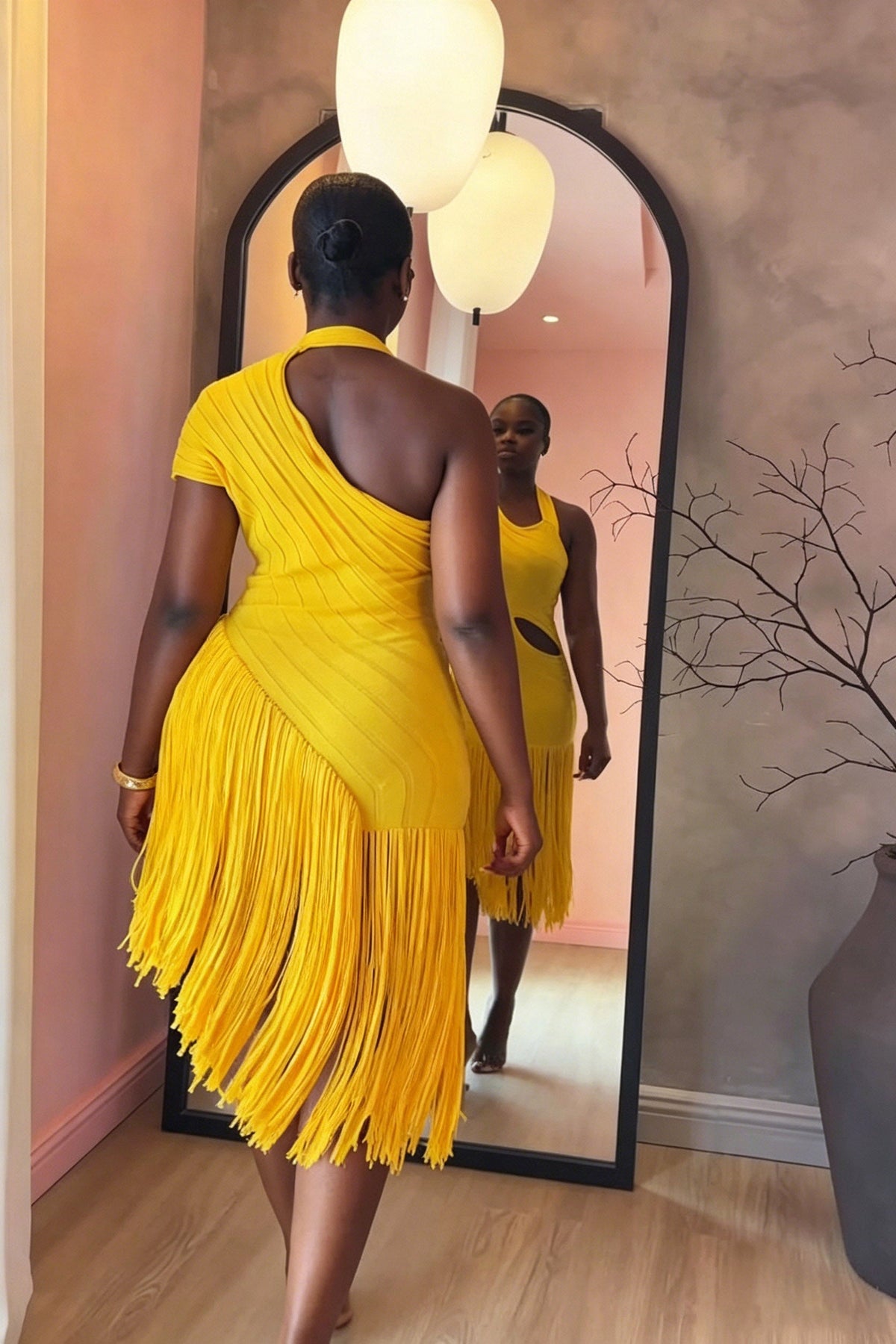 Vibrant Yellow Cut-Out Midi-Length Dress