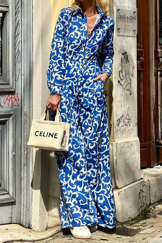 Modern Blue Vine Print Midi Jumpsuit