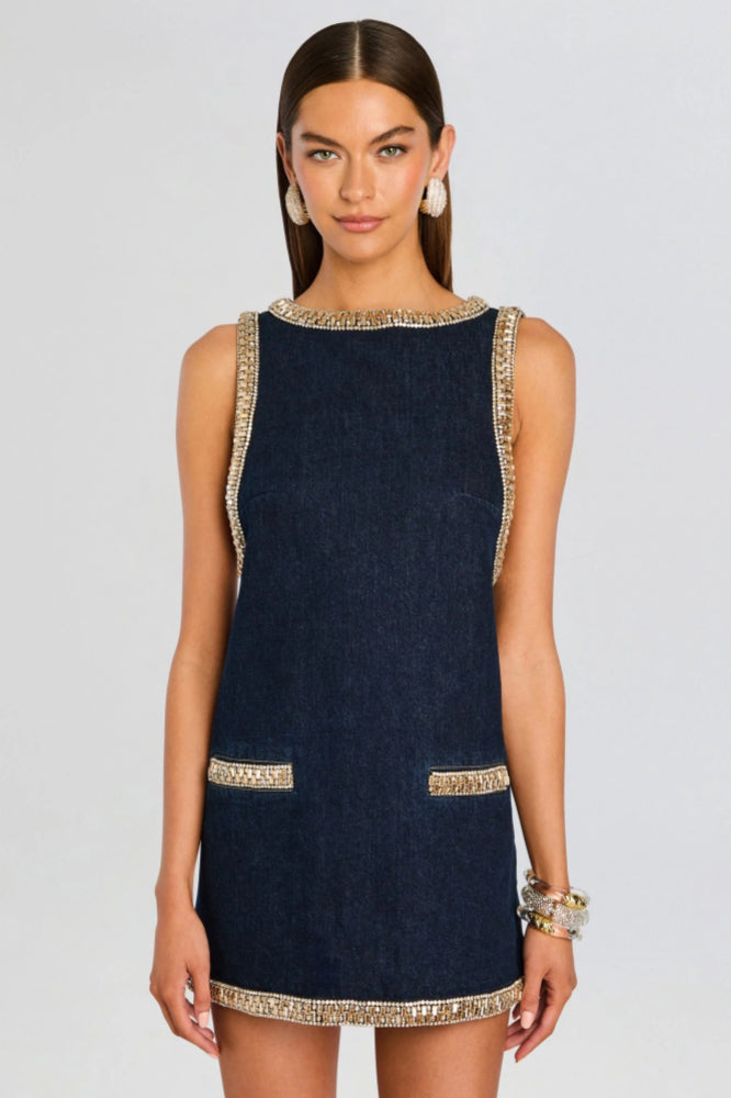 Navy Denim Crystal Trim Shift Mini-Length Dress