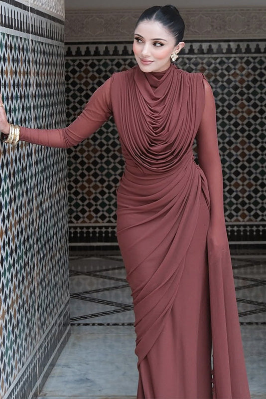 Sophisticated Terracotta Pleated Maxi-Length Dress