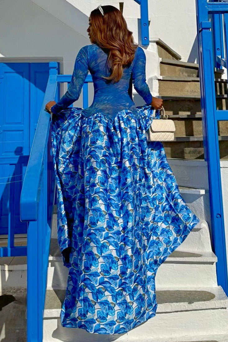 Santorini Rose Print Mesh Maxi-Length Dress