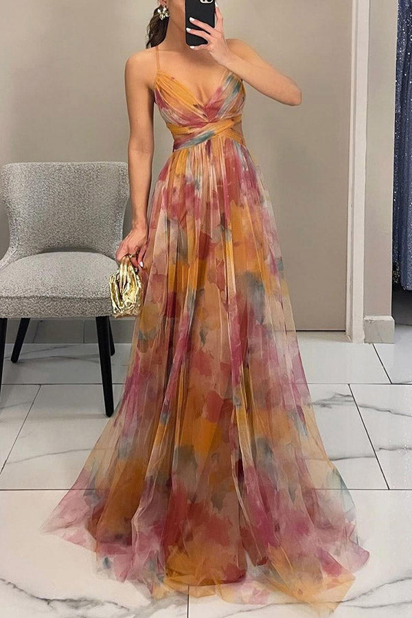 Painted Flower Print V-Neck A-Line Maxi-Length Dress