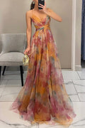 Painted Flower Print V-Neck A-Line Maxi-Length Dress