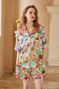 Coordinated White Forest Garden Print Short Loungewear Set
