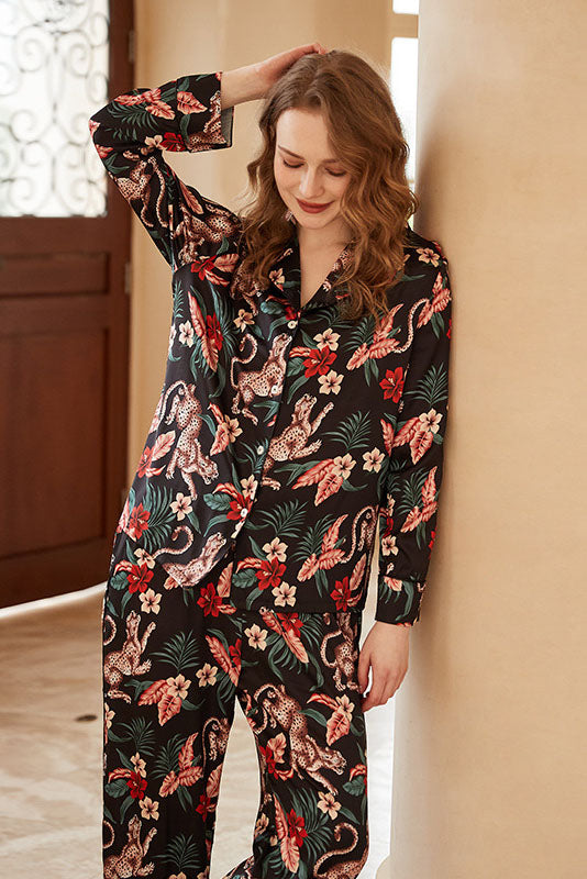 Jaguar and Flower Print Long-Sleeve Loungewear Set