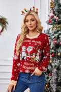 Relaxed Crew Neck Embroidered Knit Sweater - Santa Claus & Penguin