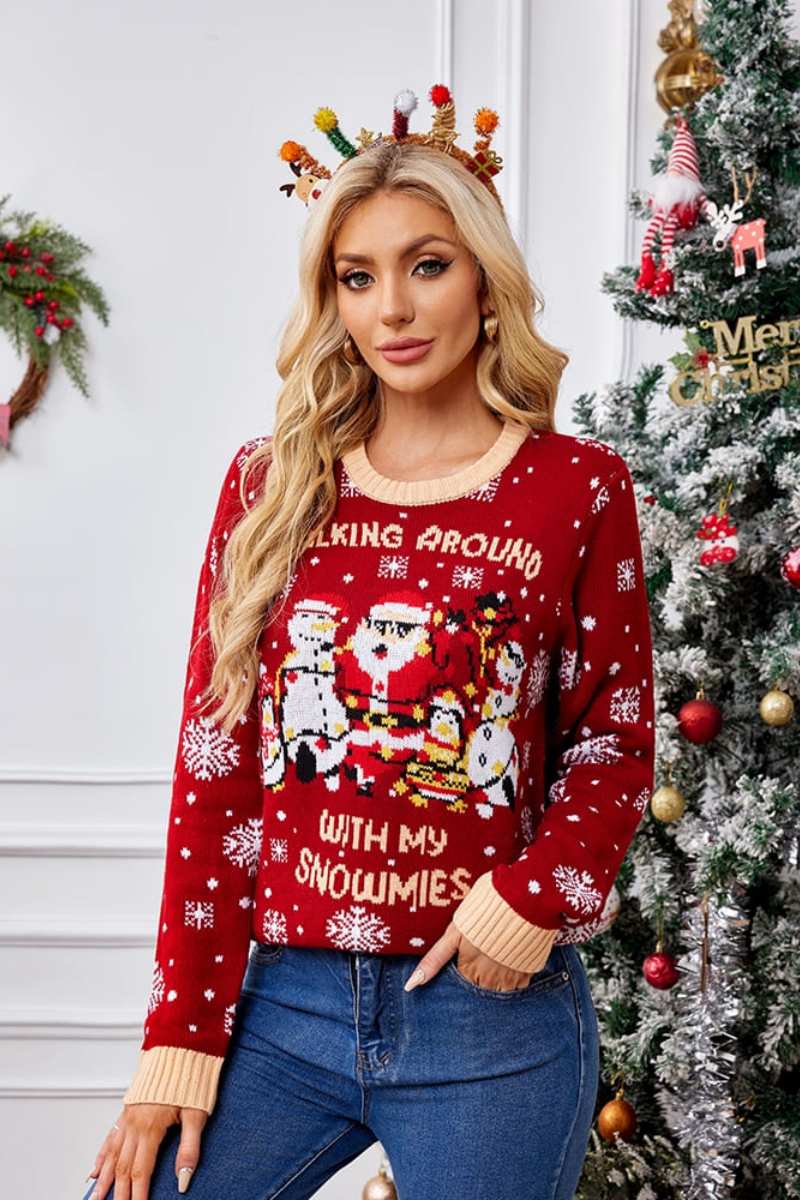 Relaxed Crew Neck Embroidered Knit Sweater - Santa Claus & Penguin