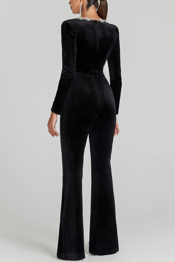 Modern Diamond Velvet Square Neck Jumpsuit