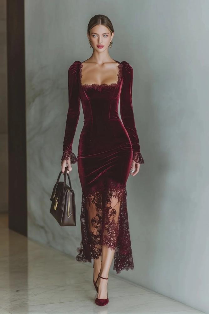 Velvet Sweetheart Lace Maxi-Length Dress