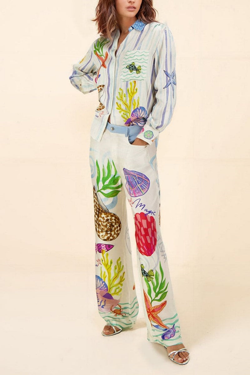 Ocean Theme Print Trousers-Set