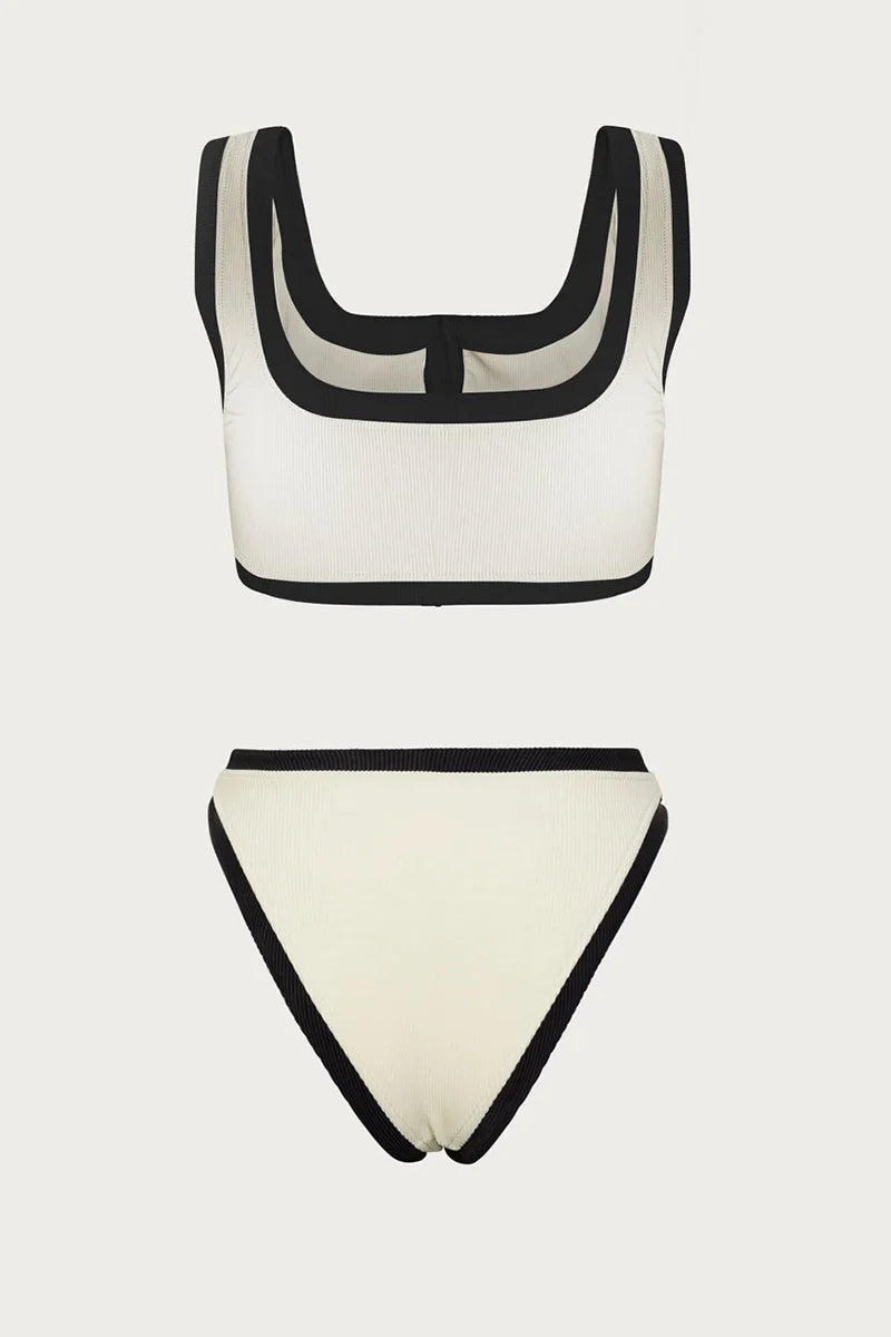 Refined Contrast Button Detail Two-Piece Swimsuit