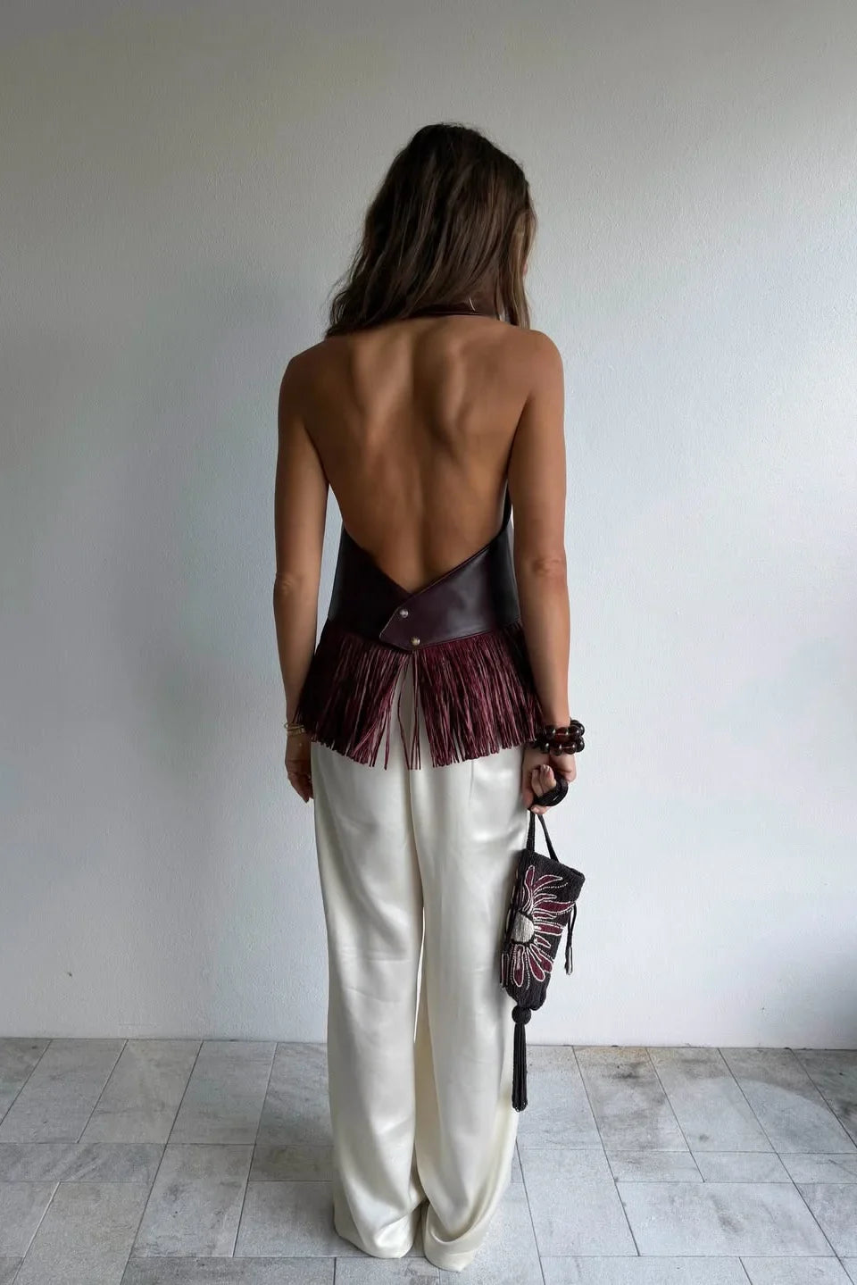 Modern Burgundy Leather Halter Fringe Top