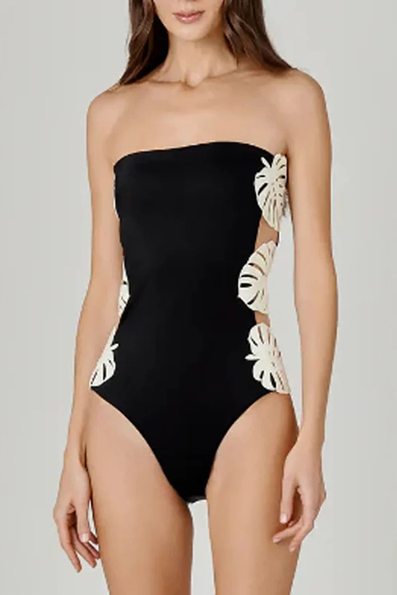 Leaf Patchwork Cut-Out Strapless Swimsuit