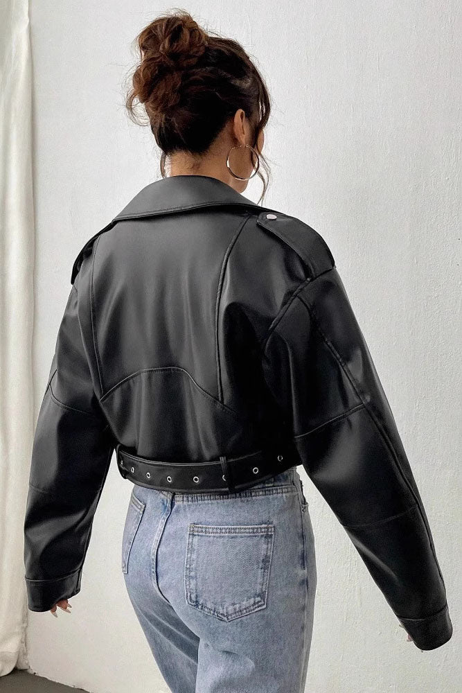 Modern Cropped leather jacket with offset zipper collar