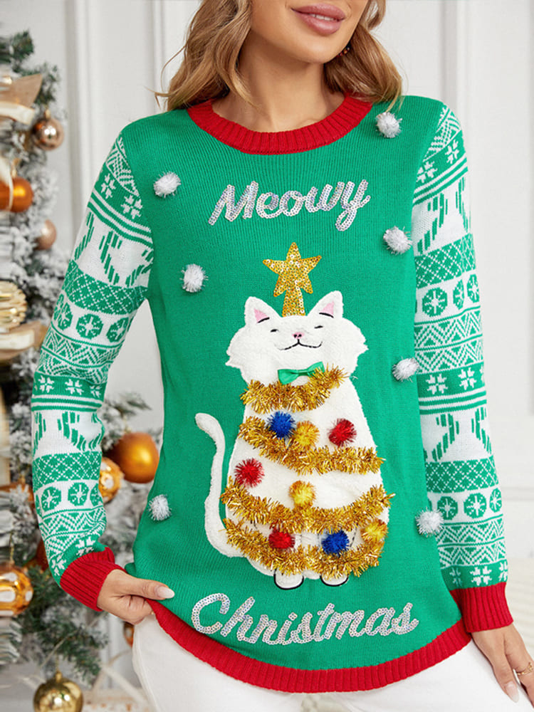 Christmas Long Sleeve Cat Applique Crew Neck Knit Sweater