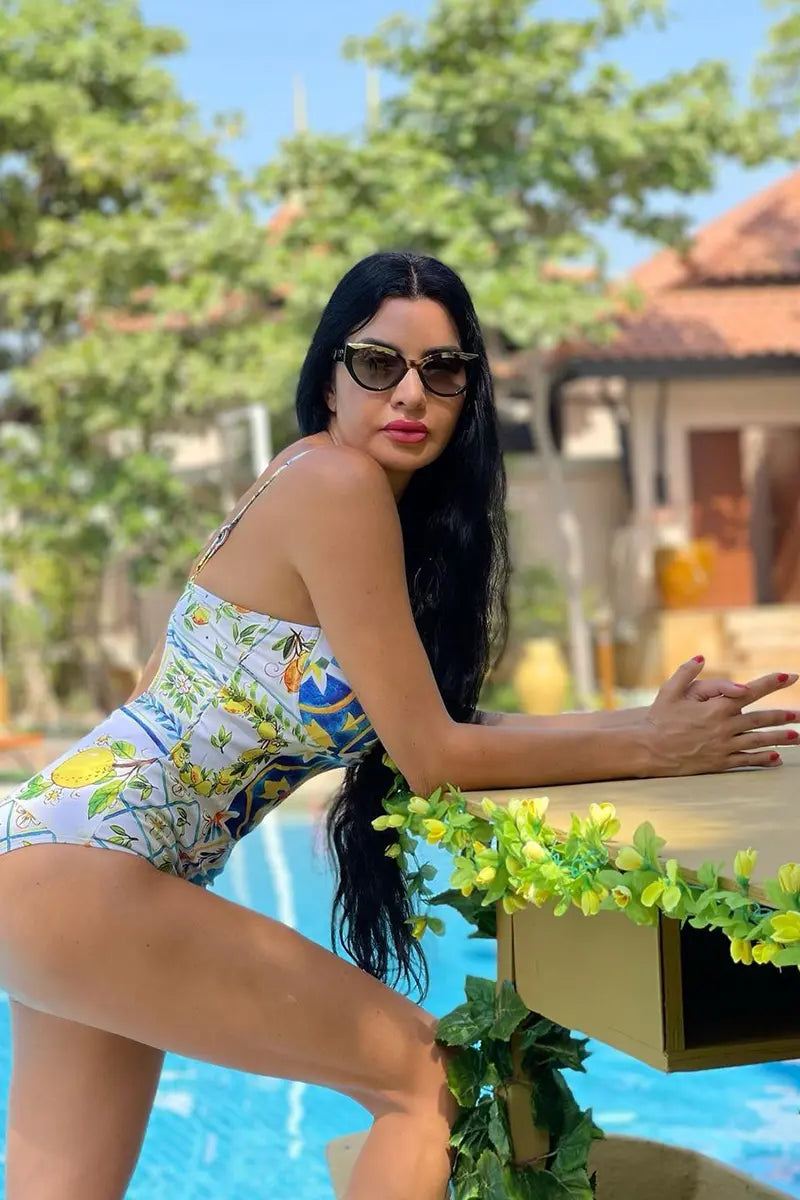 Lemon Print Open-Back One Piece Swimwear Set