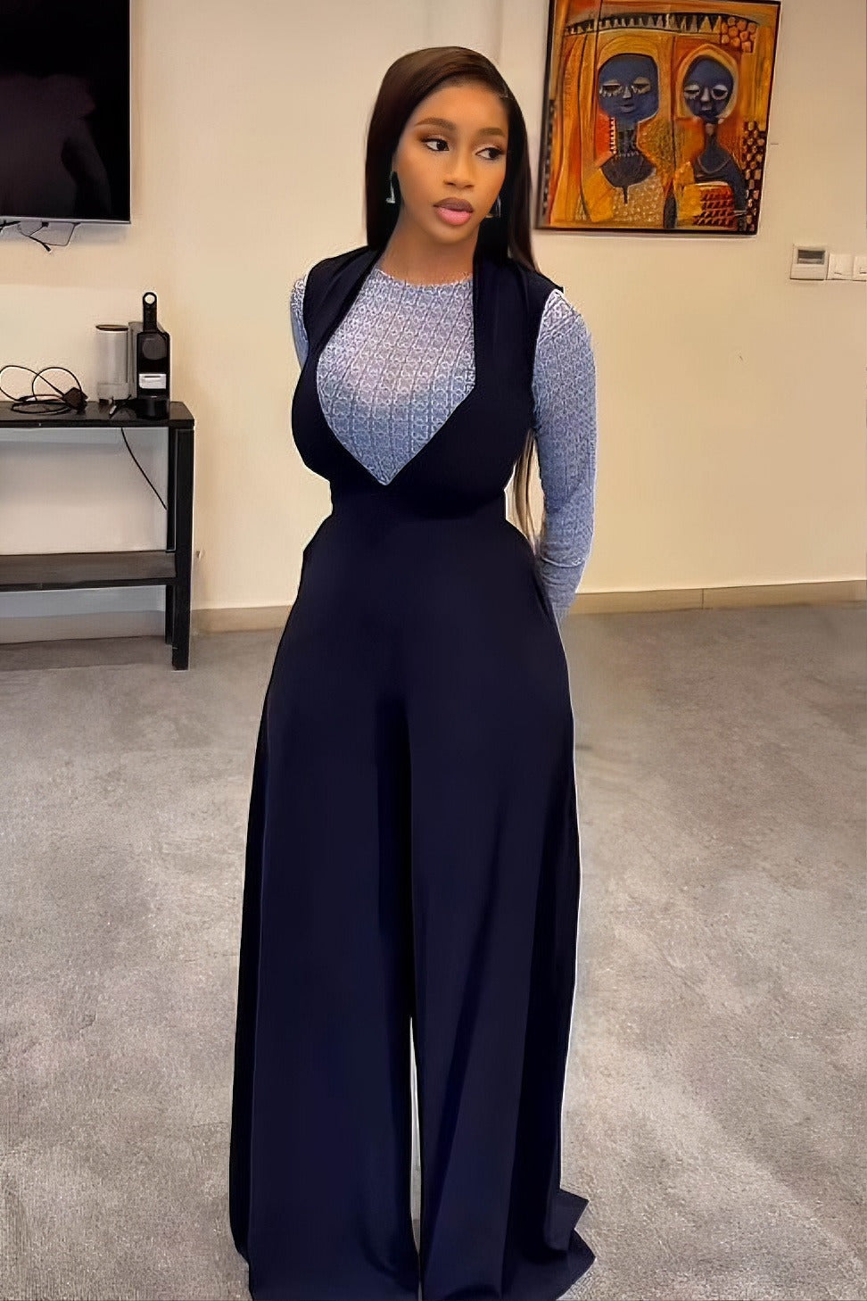 Coordinated Smart Navy Layering Jumpsuit Set