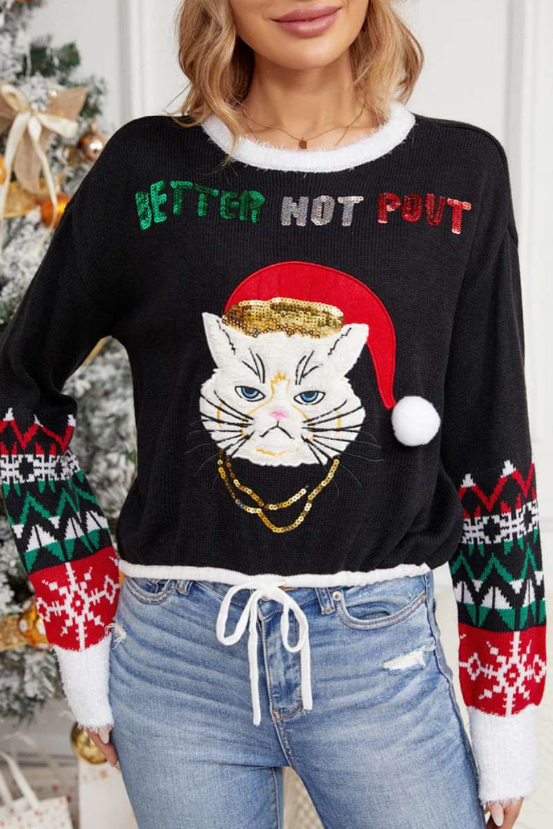 Relaxed Crew Neck Cat Embroidery Sequined Knit Sweater