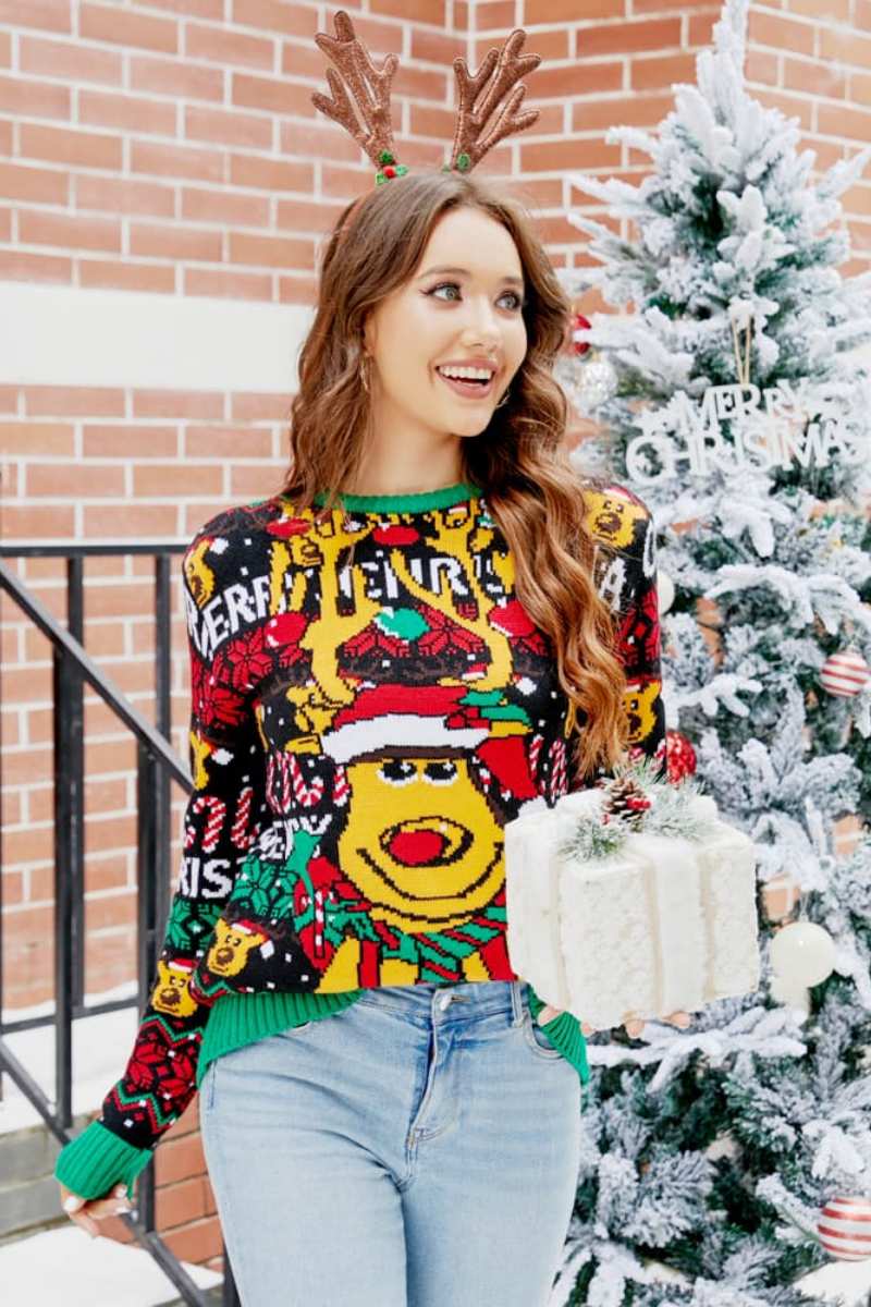 Modern Christmas Cartoon Reindeer Knit Sweater