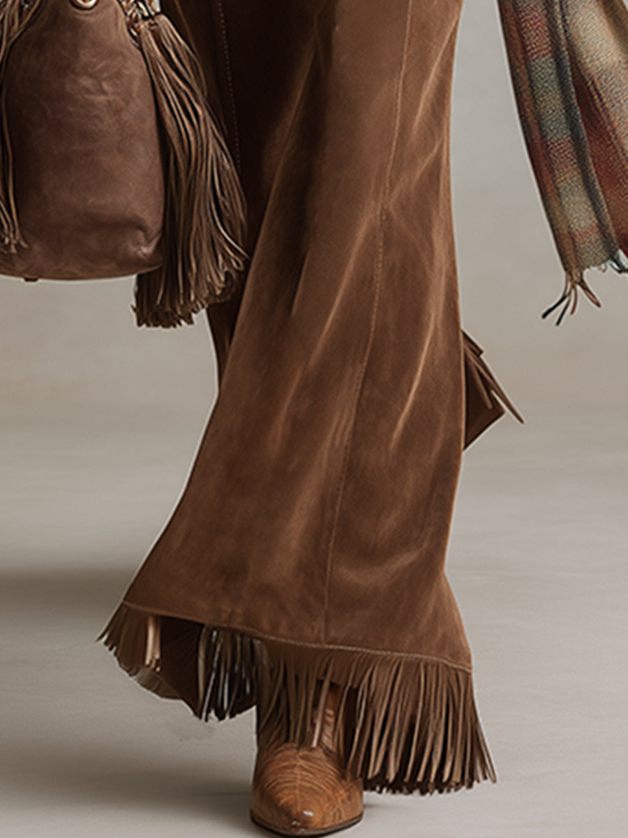 Retro Versatile Brown Faux Suede Tassel Flared Trousers