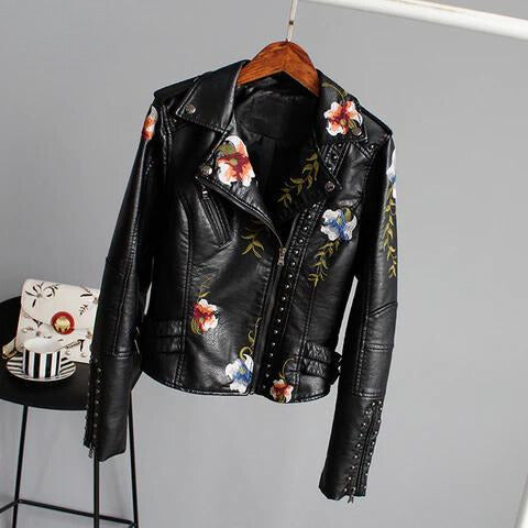 Leather Jacket with Floral Embroidery