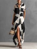 Modern Cotton-Linen Geometric Print Short-Sleeve Maxi Shirt Dress