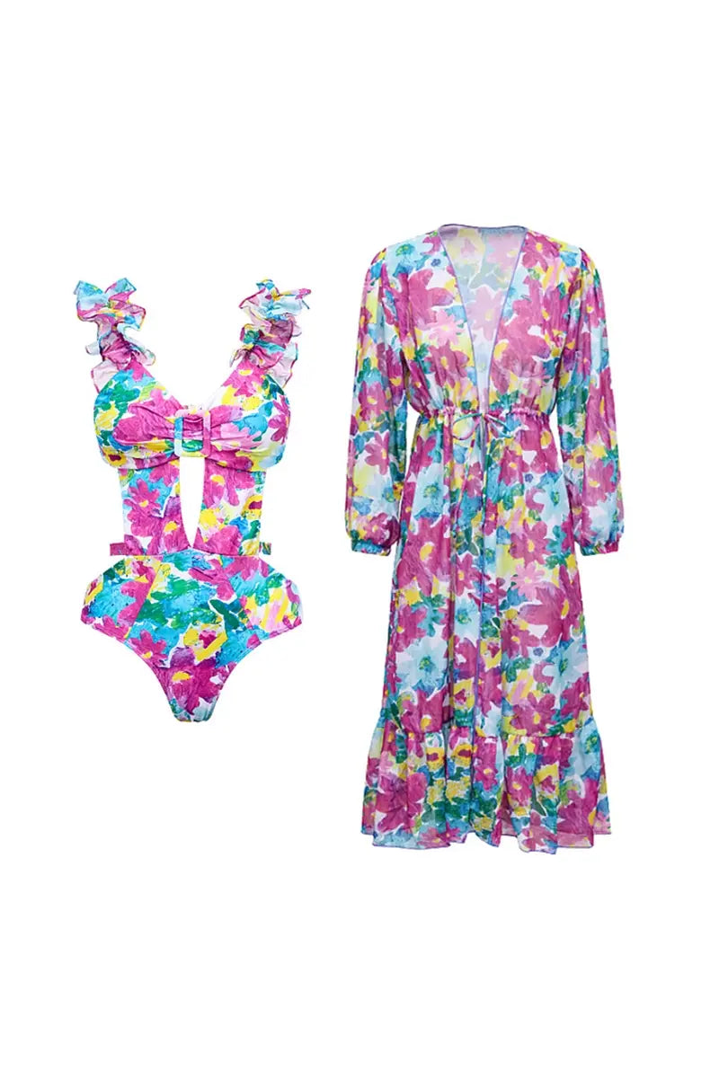 Cut-Out One Piece Swimwear Set with Cover Up