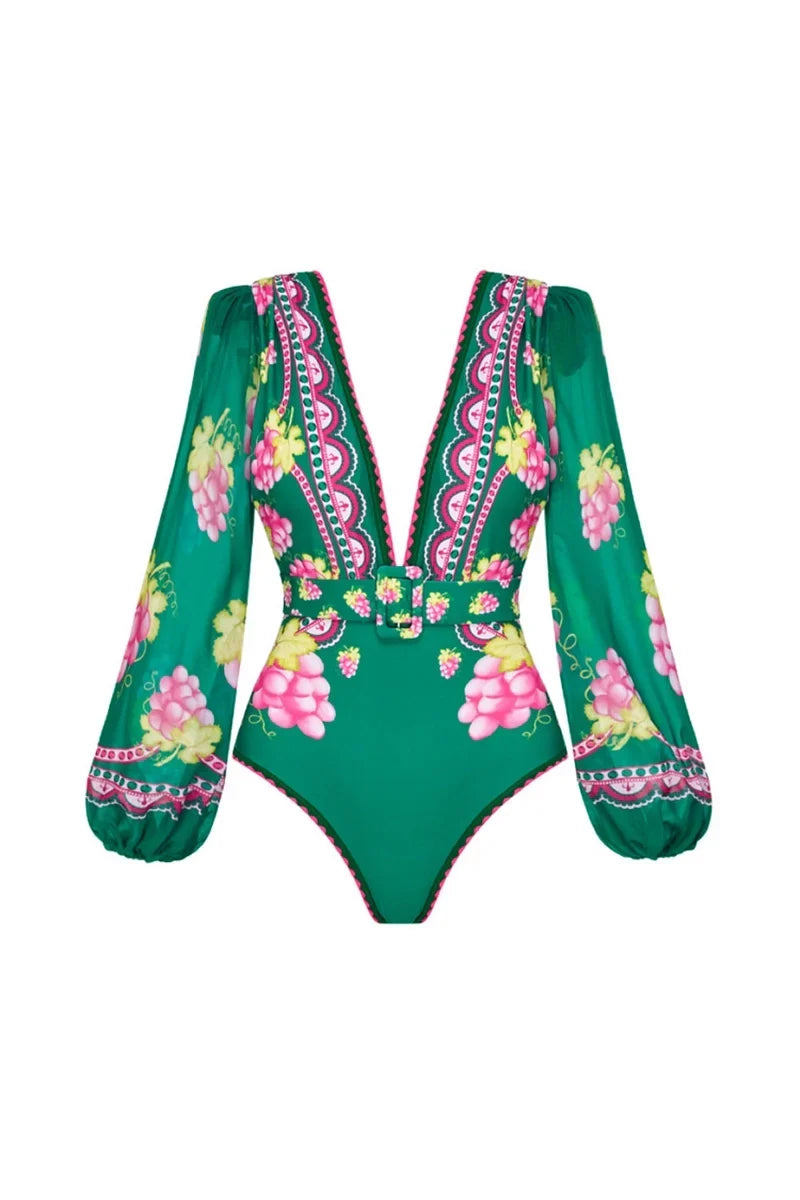 Deep V Retro Print Long Sleeve Swimwear Set