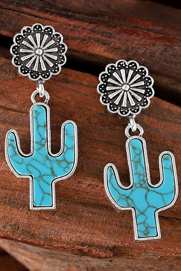 Statement Women's Western Retro Turquoise Cactus Flower Pendant Earrings