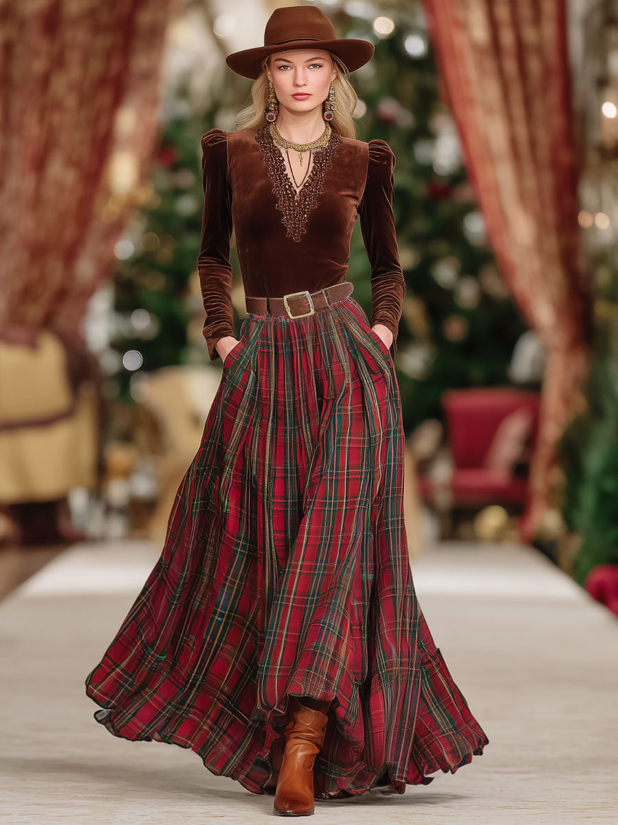 Coordinated V-Neck Lace Long-sleeved T-shirt And Red Plaid Skirt Set