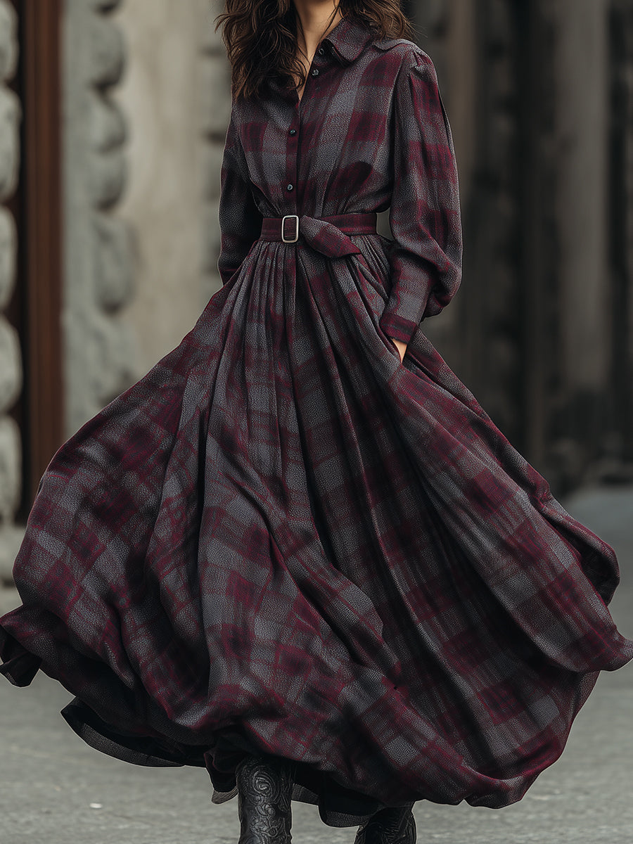 Retro Refined Plaid Patterned Lantern Sleeve Shirt Maxi-Length Dress With Belt