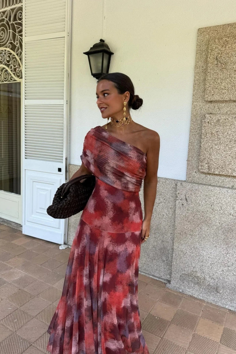 One-Shoulder Tie Dye Maxi-Length Dress
