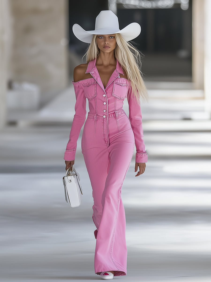 Modern Fashionable Personalized Lapel Pink Denim Off-the-shoulder Long-sleeved Flared Jumpsuit
