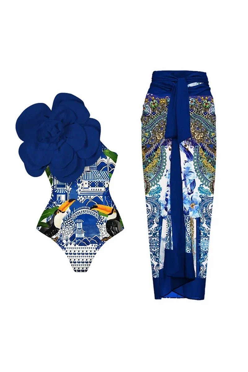 Blue 3D Flower Embellished Swimsuit